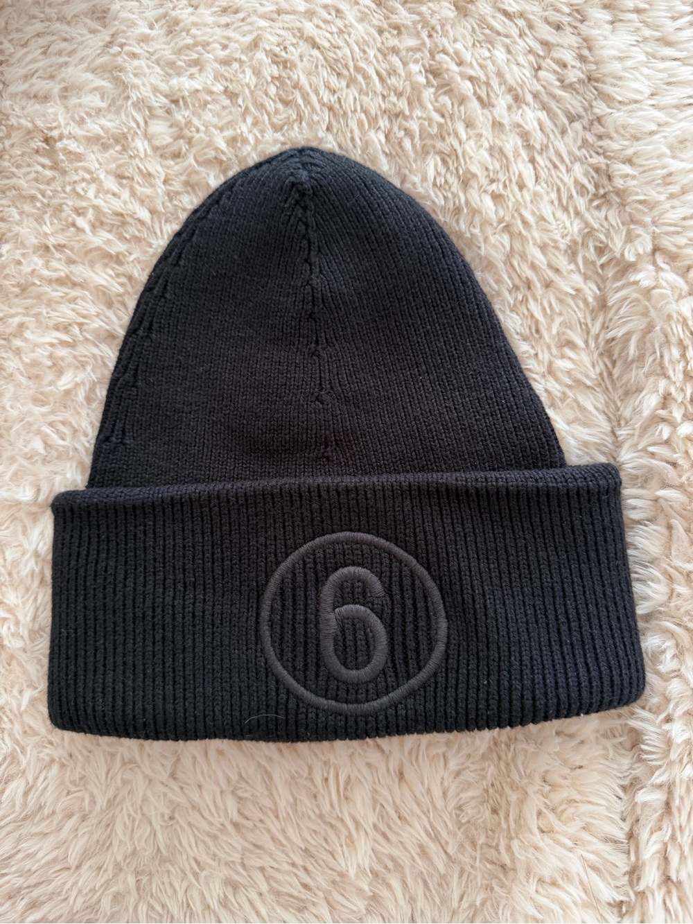 Maison Martin Margiela Black Ribbed Beanie with Raised '6' Logo